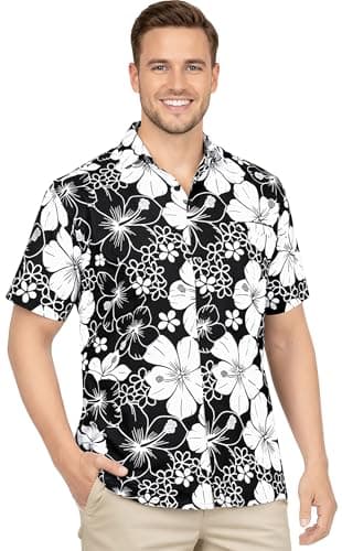 LA LEELA Mens Hawaiian Shirts Short Sleeve Button Down Shirt Floral Shirt Men Beach Casual Tropical Shirts for Men Funny XL Allover Hibiscus, Black