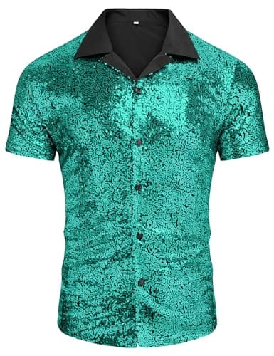 AstoSeu Men's Sequin Shirt 70s Costume Short Sleeve Nightclub Party Sparkle Disco Shirts Lake Blue XXL