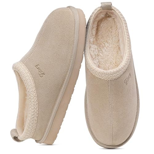 FITORY Women's Suede Slipper, Flat Slip On House Shoes with Faux Fur Lining Indoor Outdoor Short Mini Boots Sand Size 11