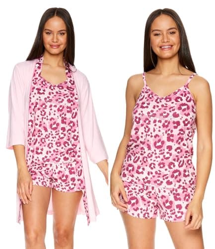bebe Womens Pajamas 3-Piece Set with Tank Top, Pajama Shorts, and Short Robe, Cute Pj Sets for Women (Light Pink, Large)