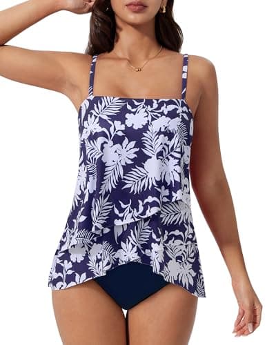 SUUKSESS Women Tummy Control Tankini Two Piece Swimsuit Ruffle High Waisted Bathing Suit Slimming Square Neck Swimwear (Navy Blue Floral, XL)
