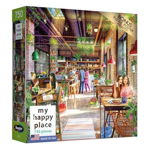 RoseArt - My Happy Place - Neighborhood Cafe 750 Piece Jigsaw Puzzle - Vibrant Coffee Shop Art - Made in USA