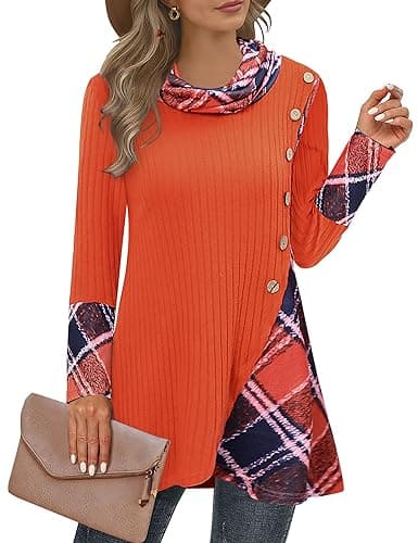 Miusey Cowl Neck Tunic Sweater for Women Vintage Color Block Sweatshirt Women's Pullover Disney Christmas Sweaters Red Orange Plaid XL