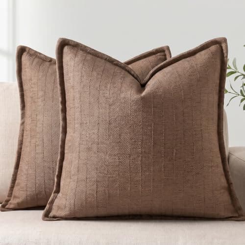 DEZENE 22x22 Linen Pillow Covers Brown Pack of 2 Farmhouse Boho Neutral Accents Striped Textured Square Decorative Throw Pillow Cases for Living Room Couch Bed Home Decor