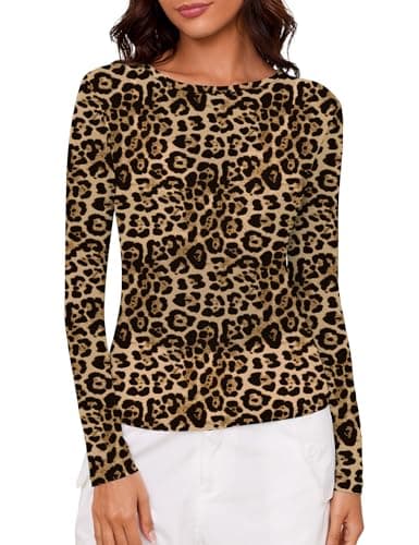 AKEWEI Womens Mesh Sheer Long Sleeve Layering Tops Crew Neck Lace See Through Shirts Slim Fit Fishnet Blouse(Leopard Print,S)