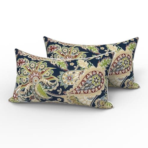 LVTXIII 2 Pack Outdoor Lumbar Pillows 12x20 Inch with White Piping, Fade Resistant Support Throw Pillows with Inserts for Patio Furniture, Sofa, Chair, Paisley Bloom