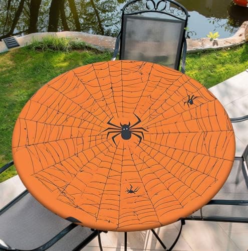 Yesad 36 Inch Fall Round Waterproof Tablecloth for Dinner, Halloween Fitted Round Tablecloth with Elastic for Holiday