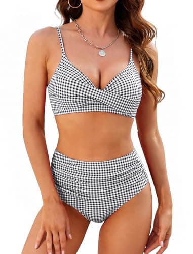 ZAFUL Women High Waisted Bikini Sets Two Piece Swimsuit Push Up Twist Front Ruched Bathing Suit Black White Plaid XL