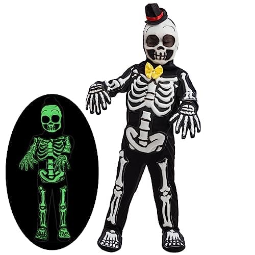 Spooktacular Creations Glows in the Dark Skeleton Costume for Boys, Halloween Skeleton Costume, Bone Jumpsuit for Kids