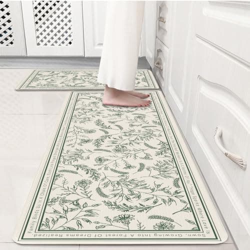 VivaNest Beige Minimalist Green Line Art Herb Leaves Kitchen Rug Sets [2 PCs], Anti-Fatigue, Waterproof Non-Slip Kitchen Mats Heavy Duty Comfort Foam Rug for Kitchen, Floor, Laundry,17"x29"+17"x47"