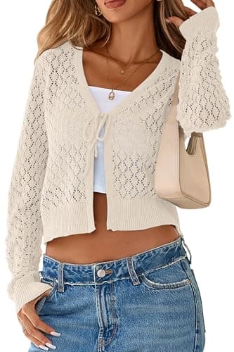 SimpleFun Summer Cardigan for Women Boho Trendy Tie Knot Front Long Sleeve Crop Tops Knitted Shrugs Beige,XL
