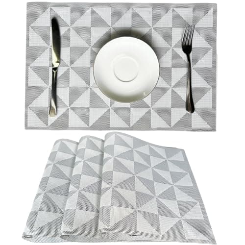 Placemat,Blending Color Durable Woven Vinyl Placemat Washable Heat-Resistant Anti-Skid Kitchen Dining Table Mats (Set of 4, White Black)