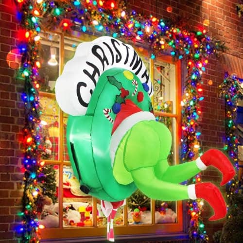 3.5FT Christmas Inflatable Outdoor Decorations Broke Out from Window with Wreath, Lighted Blow Up Yard Decor with Built-in LED Lights for Outside Indoor Yard Window Party Garden