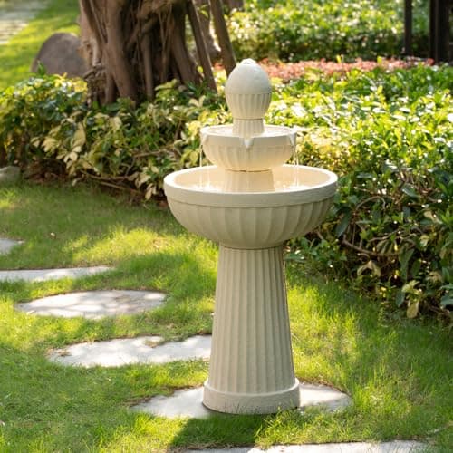 Puulye 37.80” H Outdoor Water Fountain Made with Eco-Friendly Recyclable Materials, Polyethylene Cascading Waterfall Water Fountain Outdoor, Garden Decor with LED Light for Patio, Backyard (White)