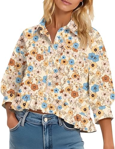 LOMON Dressy Casual Collared Shirts for Women 3/4 Sleeve Button Down Tops Ruffle Blouses Spring Summer Clothes Apricot Floral XXL
