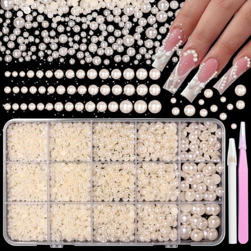Nail Pearls, Creamy White Half Pearl for Crafts, Flatback Pearls Nail Charms, Multi Size Pearl Beads Gems for Nails Art DIY Crafts Embellishment Shoes Clothes Bags DIY Making