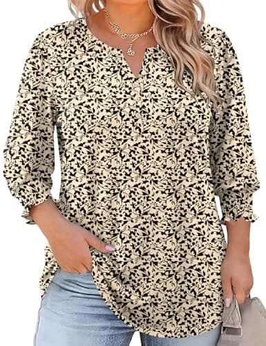 LOMON Womens 3/4 Sleeve Tops Blouse for Women Plus Size Business Fashion Tops Trendy Tunics V Neck Blouses Trendy Clothes Apricot Print XL