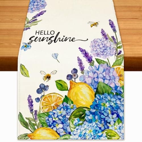 Cloudfomila Summer Lemon Table Runner Hydrangeas Burlap Table Runners, Blue Amalfi Coast Lemon Holiday Seasonal Coffee Table Center Decor for Home Kitchen Dining Party Indoor Outdoor 13x72 Inch