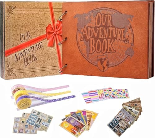 Adventure Book 3D Wooden Cover Scrapbook Photo Album 11.92 x 7.62"Timeless Memory Journal for Unforgettable Adventures&Precious Moments-Ideal for Anniversaries,Travel&Couple Gifts (3D Wooden Letter)