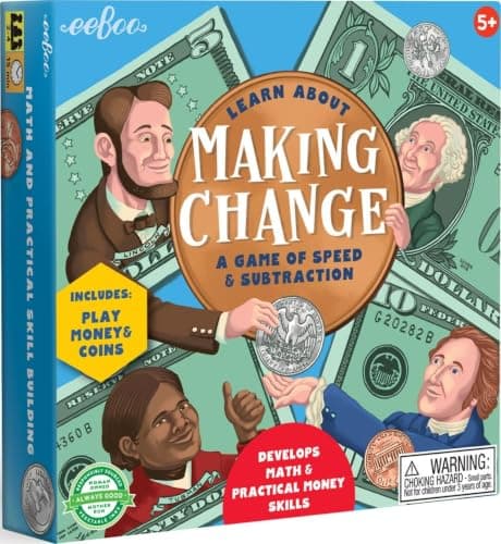 eeBoo Making Change Math Game with Play Money, Coins, Ages 5+, 2-4 Players