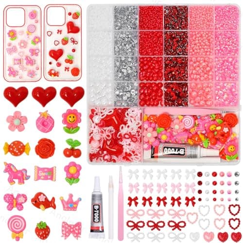 Junk Case Charms Kit, Pink Red Pearls Resin Rhinestones Bedazzling Kit