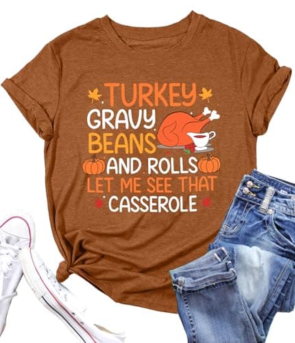 Thanksgiving Shirts Women Turkey Gravy Beans and Rolls Tshirts Funny Turkey Graphic T-Shirt Family Thanksgiving Tops(Brown2, Small)