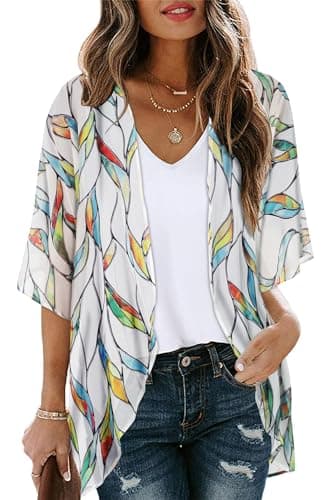 Womens Short Cardigans Casual Cover Up Open Front Kimono Tops Bathings Suit Shawl (White Colorful Leaves,3XL)