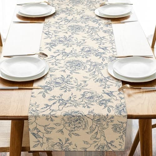 Croar Vintage Floral Dining Table Runner, Retro Blue Flowers Peony Burlap Kitchen Decoration, Spring Summer Indoor Outdoor Home Decor Party Supply 13 x 72 Inches