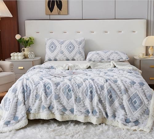 LEVINIS Boho Sherpa Fleece Blankets 80'' × 90'', Light Grey