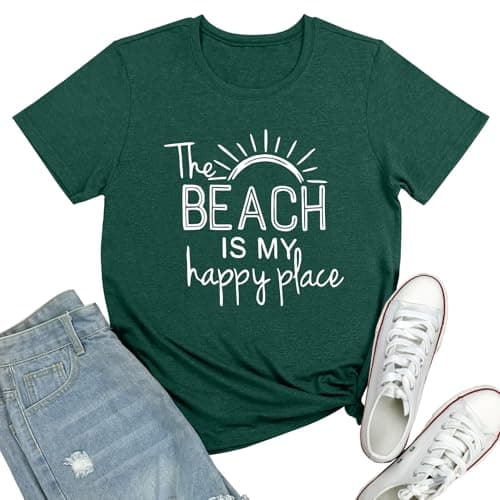 BLACKMYTH Women The Beach Graphic Vacation Cute Tee Shirts Heather Forest Large