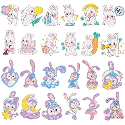 FLYSONG Diamond Art Kits for Kids,DIY Cute Bunny 24 Pcs Creative Diamond Art Stickers - Gem Craft Mosaic Painting Stickers by Number Kits (Cute Bunny)