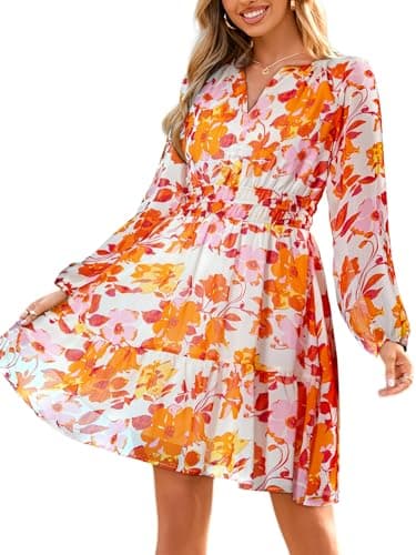 Simplee Womens Fall Floral Mini Dress Long Sleeve Boho Chiffon Short Dress Casual V Neck Flowy Empire Waist Modest Dresses（Orange Floral L）