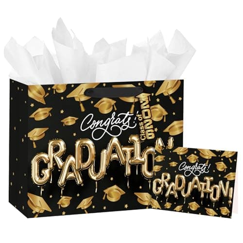 Loveinside 13" Large Graduation Gift Bag, Black Gold Congrats Graduation Balloon Letter Design Gift Bag with Tissue Paper, Elegant Party Bag for High School College Graduates, 13" x 5" x 10", 1 Pcs