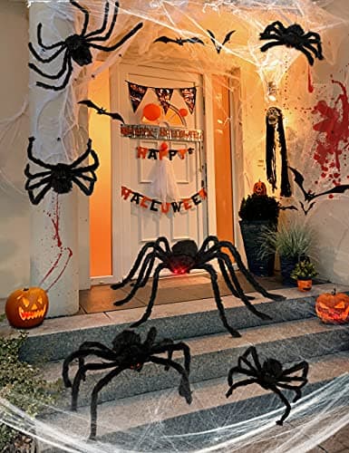 HOPOCO Halloween Plush Spider Set, 6 Pack Scary Fake Spiders in Different Sizes for Indoor Outdoor Halloween Decorations, Haunted House, Yard, Home, Party Decor