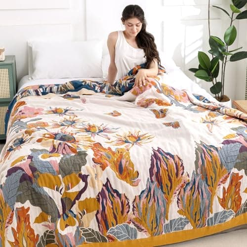 Shesyuki Boho Throw Blanket for Bed - 100% Pure Cotton Ultra Soft Rustic Quilt - Farmhouse Decor Bed Blankets, All Season Rustic Throw for Sofa Couch Chair(80''x 90'', Floral)