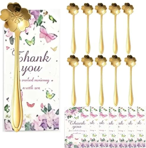 48 Set Tea Spoon Party Favors Gold Flower Tea Spoons Bulk with Thank You Cards Gift Bags for Bridal Shower Party Wedding Souvenir Gift