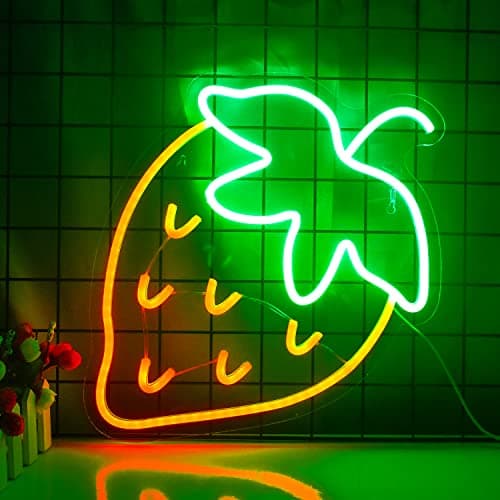 NXYX Strawberry Neon Sign Red Green Strawberry Led Sign Fruit Shape Neon Light for Bedroom Wall Decor, Bar, Fruit Shop, Restaurant (15 * 13 inch)