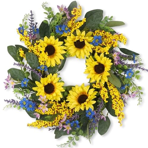 Homekaren Wreaths for Spring and Summer 22 inch, Artificial Sunflower Wreath for Front Door with Green Leaves, Floral Wreath for Indoor and Outdoor
