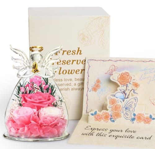 homeasy Roses Gifts for Women Birthday, Preserved Flowers Rose in Glass Angel Figurines, Forever Fresh Flowers for Delivery Gift Box with 3D Card for Wife Mom Her Grandma-Pink