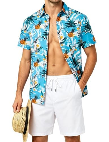 EISHOPEER Men's Flower Shirt Hawaiian Sets Casual Button Down Shirt and Quick Dry Beach Shorts Sky Blue & Surfing Medium