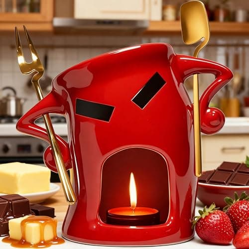 Ceramic Fondue Cup Set w/Built-In Fork & Spoon - Mini Chocolate/Cheese Fondue Mug | Microwave & Dishwasher Safe | Compact Gift-Ready (Red)