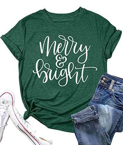MAIHUN Christmas Shirts Womens Merry and Bright Shirt Xmas Holiday Tshirt Christmas Lights Tee Tops