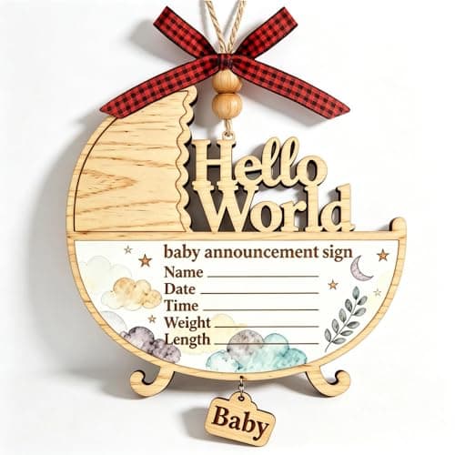 Baby Announcement Sign - Hanging Nursery Decoration,Wooden Hello World Newborn Sign Name Date Time Weight Length Board,Newborn Announcement Great Keepsake for New Parents,Hospital Door Sign
