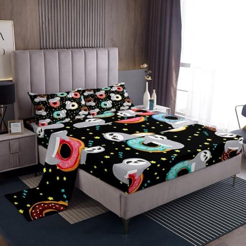 Erosebridal Cartoon Sloth Bed Sheets for Kids Boys Girls,Sprinkles Donut Sheet Set,Glitter Stars Funny Sloth Bedding Set Full,Sweet Dessert Food Fitted Sheet Deep Pocket + Top Sheet + 2 Pillowcases