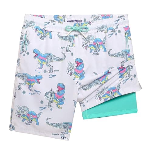 maamgic Boys Swim Trunks with Compression Liner Swim Shorts Dinosaur 14/16