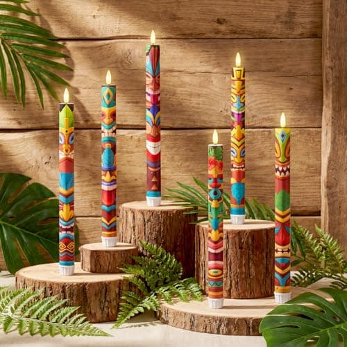 Aurelema 6 Pcs Tribal Tiki Flameless Candles Hawaiian LED Flameless Candle Set Battery Operated Taper Flickering Candles Luau Celebration with Remote for Summer Holiday Tiki Bar Party Table Decor Gift