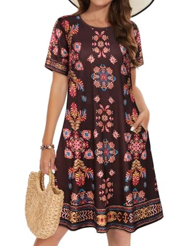 Summer Dresses for Women Casual Short Sleeve Loose Beach Cover Up Scoop Neck Floral Sundress with Pockets(Brown Boho, S)