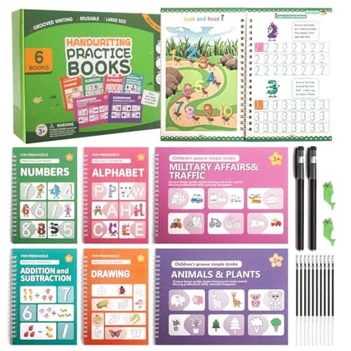 Grooved Writing Books for Kids 3-5 Preschool, Reusable Tracing Workbook with Disappearing Ink, Magic Grooved Handwriting Practice, Alphabet, Numbers and Pencil Control Practice