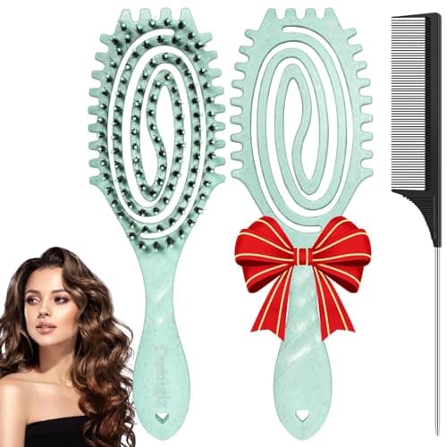 Oumigiz Curl Defining Brush, Boar Bristle Detangling Hair Brush for Women Girls Thick Curly Wavy Hair Wet Dry Use, Fast Blow Drying Vented Styling Hairbrush, Smoothing Hair No Tangle (Turquoise)