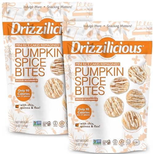 Drizzilicious Mini Flavored Rice Cakes - Rice Crisps, Healthy Snack for Adults and Kids, Vegan, Gluten Free Snack, Only 90 Calories Per 21 Pieces - Pumpkin Spice - 4 oz (Pack of 2)